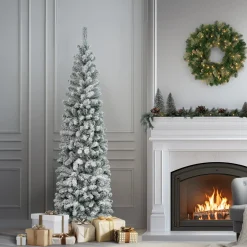 Hot 7.5 ft. Acacia Pencil Slim Flocked Tree Pencil Slim|Unlit