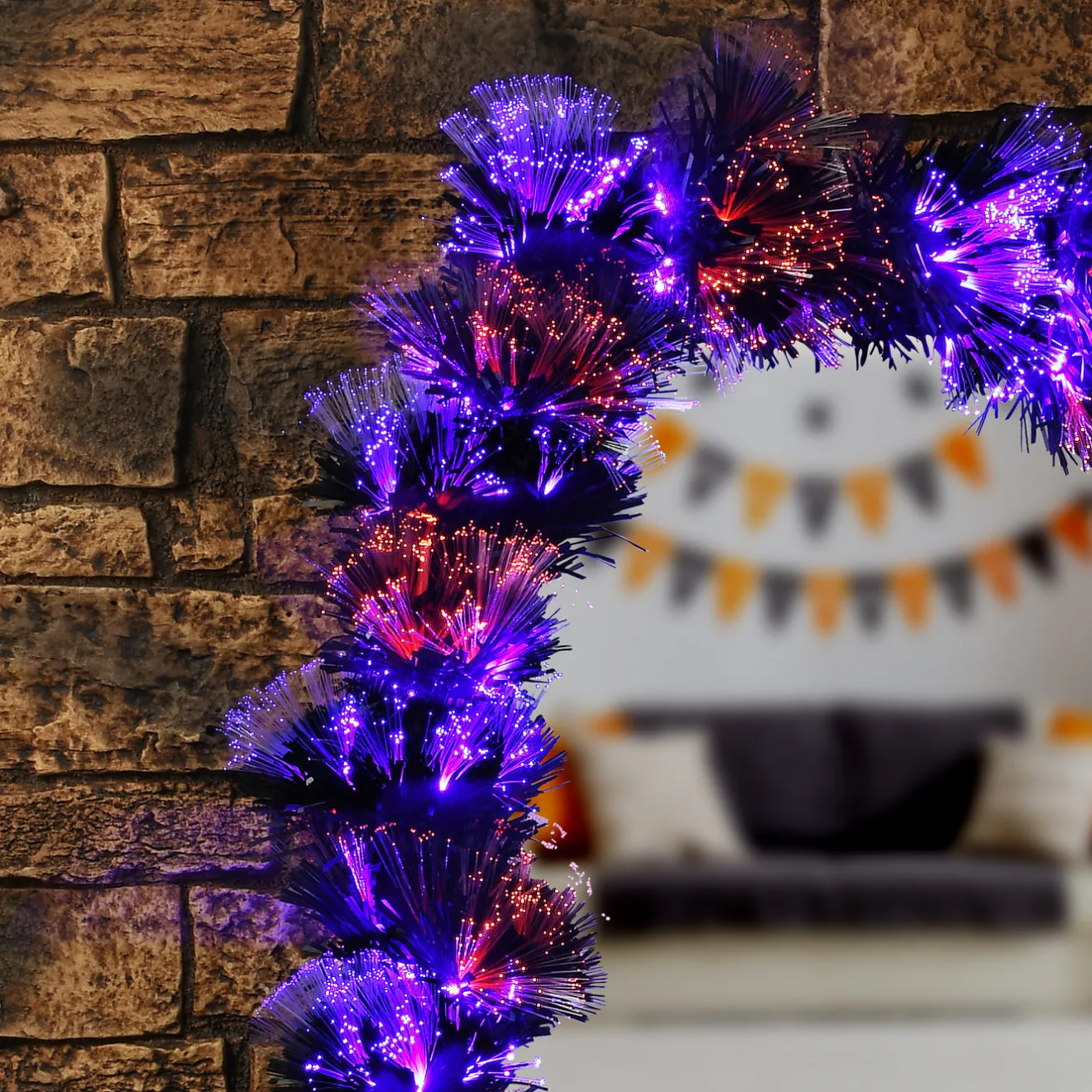 Online 9 ft. Halloween Black Fiber Optic Garland with Purple and Orange Lights Garlands