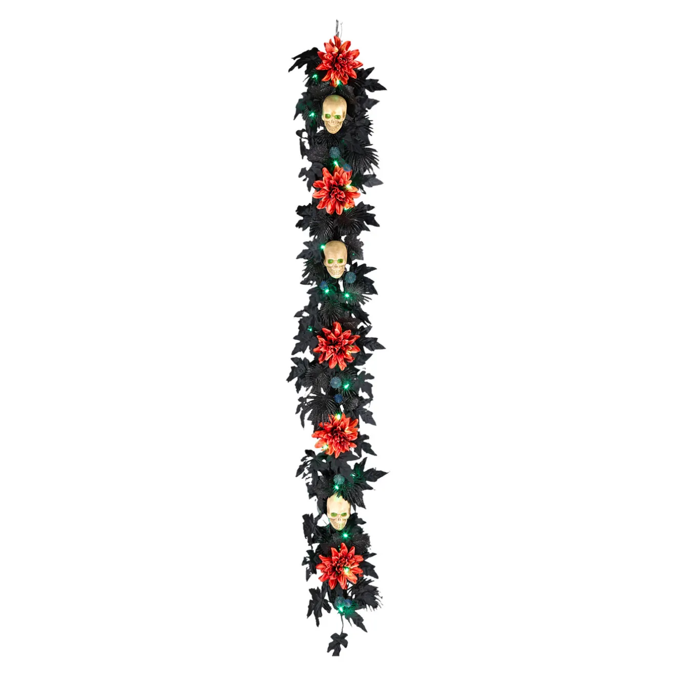 Sale 6 ft. Halloween Boo-tiful Garland with Orange Dahlia Flowers, White Skulls, LED Lights Garlands