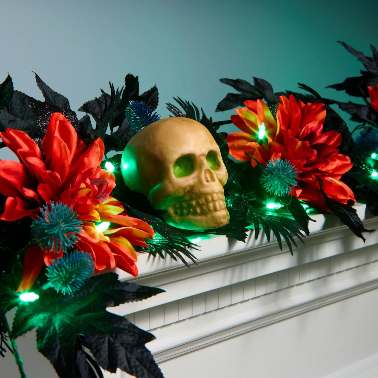 Sale 6 ft. Halloween Boo-tiful Garland with Orange Dahlia Flowers, White Skulls, LED Lights Garlands