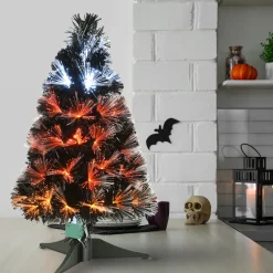 Outlet 3 ft. Halloween Pre Lit Black Tree Decoration with Fiber Optic, Candy Corn Colored Lights Trees