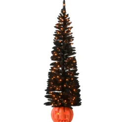 Outlet 6 ft Halloween Pre-Lit Black Tree with LED Lights, Pumpkin Base Trees