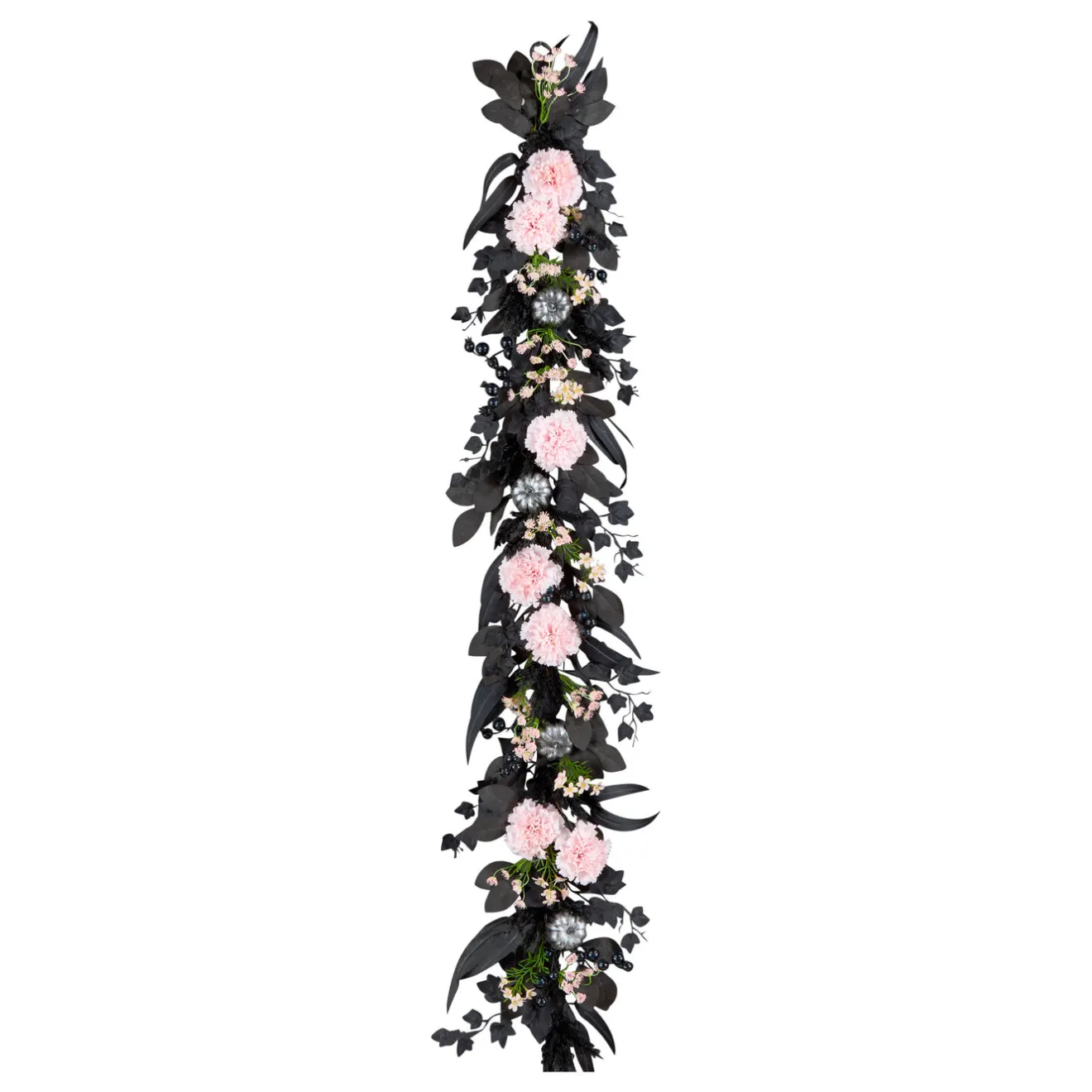 Online 6 ft. Halloween Pretty Morbid Pink Carnation Wreath with Silver Pumpkins Garlands