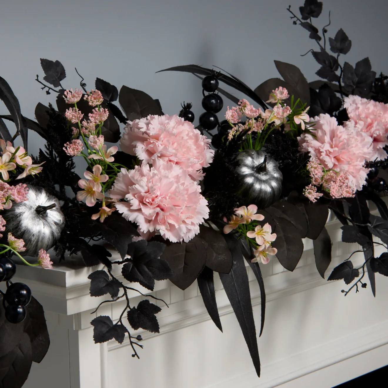 Online 6 ft. Halloween Pretty Morbid Pink Carnation Wreath with Silver Pumpkins Garlands
