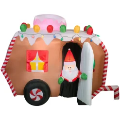 Discount 7.5 ft. Inflatable Gingerbread Trailer with Santa with LED Lights Inflatable Decorations