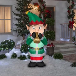 Hot 6 ft. Inflatable Trumpet Playing Elf with LED Lights Inflatable Decorations