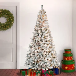 Clearance 7.5 ft. Pre-Lit Acacia Flocked Tree with Clear Lights Full|Pre-Lit