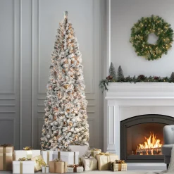 Outlet 9 ft. Pre-Lit Acacia Flocked Slim Tree with Clear Lights Slim|Pre-Lit