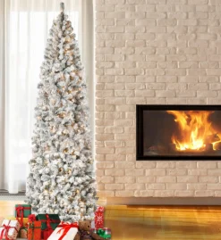 Outlet 9 ft. Pre-Lit Acacia Flocked Slim Tree with Clear Lights Slim|Pre-Lit