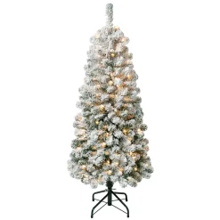 Discount 4.5 ft. Pre-Lit Acacia Medium Flocked Tree with Clear Lights Medium|Pre-Lit
