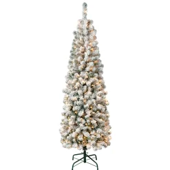 Clearance 6 ft. Pre-Lit Acacia Pencil Slim Flocked Tree with Clear Lights Pencil Slim|Pre-Lit