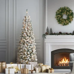 Clearance 6 ft. Pre-Lit Acacia Pencil Slim Flocked Tree with Clear Lights Pencil Slim|Pre-Lit