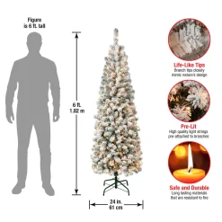 Clearance 6 ft. Pre-Lit Acacia Pencil Slim Flocked Tree with Clear Lights Pencil Slim|Pre-Lit