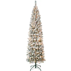 New 7.5 ft. Pre-Lit Acacia Pencil Slim Flocked Tree with Clear Lights Pencil Slim|Pre-Lit