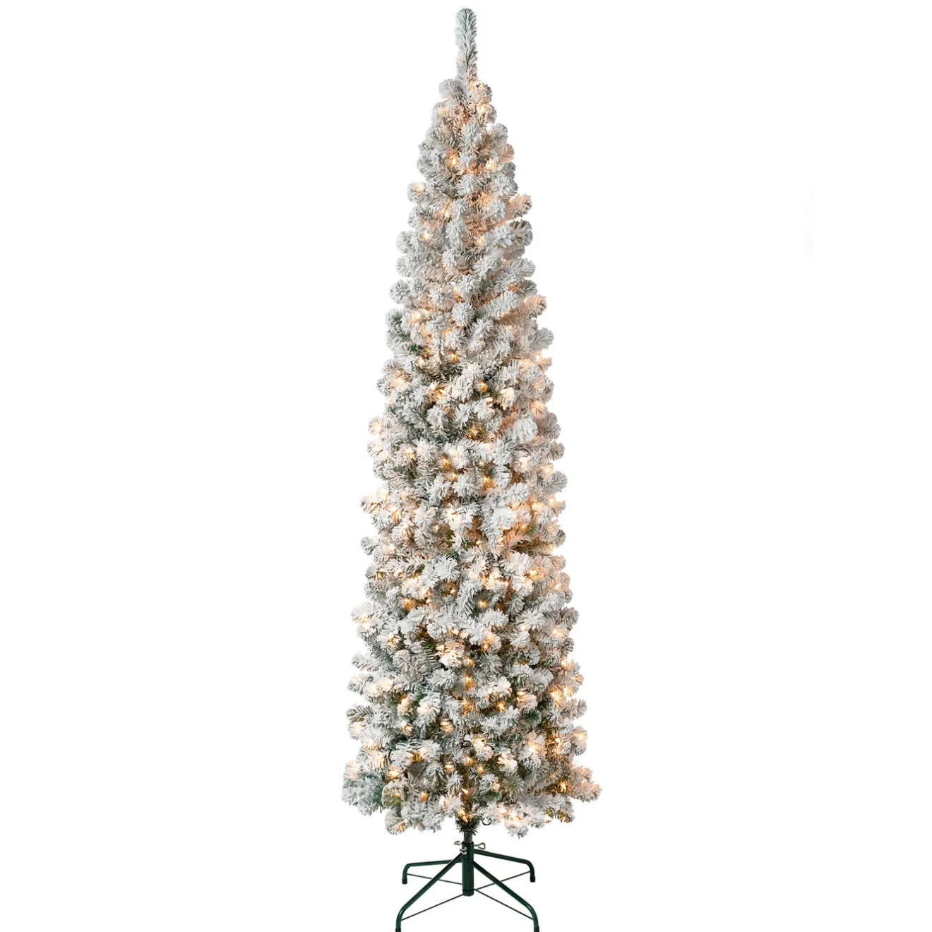 New 7.5 ft. Pre-Lit Acacia Pencil Slim Flocked Tree with Clear Lights Pencil Slim|Pre-Lit