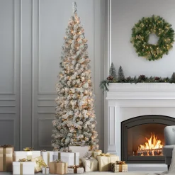 New 7.5 ft. Pre-Lit Acacia Pencil Slim Flocked Tree with Clear Lights Pencil Slim|Pre-Lit