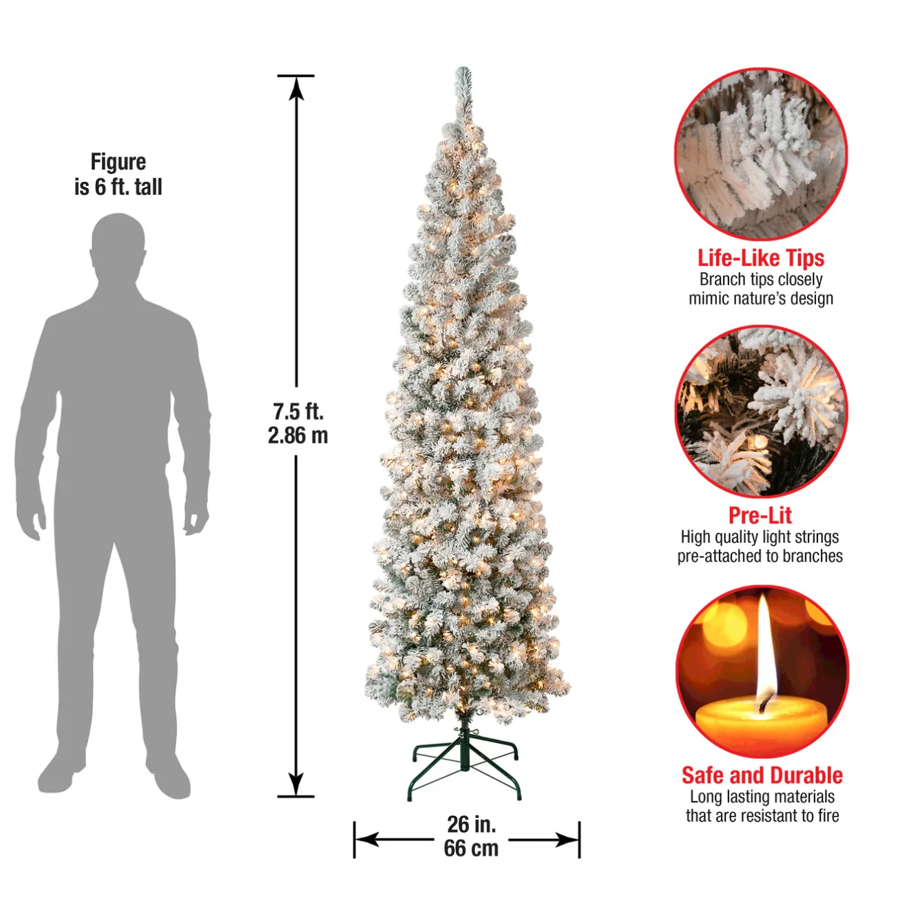 New 7.5 ft. Pre-Lit Acacia Pencil Slim Flocked Tree with Clear Lights Pencil Slim|Pre-Lit