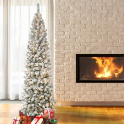 New 7.5 ft. Pre-Lit Acacia Pencil Slim Flocked Tree with Clear Lights Pencil Slim|Pre-Lit