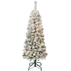 4.5 ft. Pre-Lit Acacia Pencil Slim Flocked Tree with Clear Lights Pencil Slim|Pre-Lit