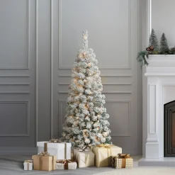 4.5 ft. Pre-Lit Acacia Pencil Slim Flocked Tree with Clear Lights Pencil Slim|Pre-Lit