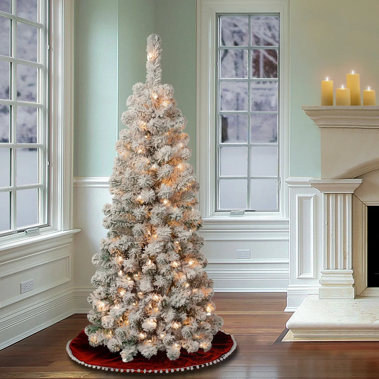 4.5 ft. Pre-Lit Acacia Pencil Slim Flocked Tree with Clear Lights Pencil Slim|Pre-Lit