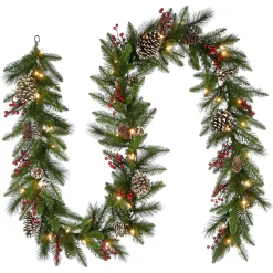 Sale 9 ft. Pre-Lit Bristle Berry Pine Garland with LED Lights Pre-Lit Christmas Garlands|7-10 Feet Christmas Garlands