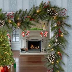 Sale 9 ft. Pre-Lit Bristle Berry Pine Garland with LED Lights Pre-Lit Christmas Garlands|7-10 Feet Christmas Garlands