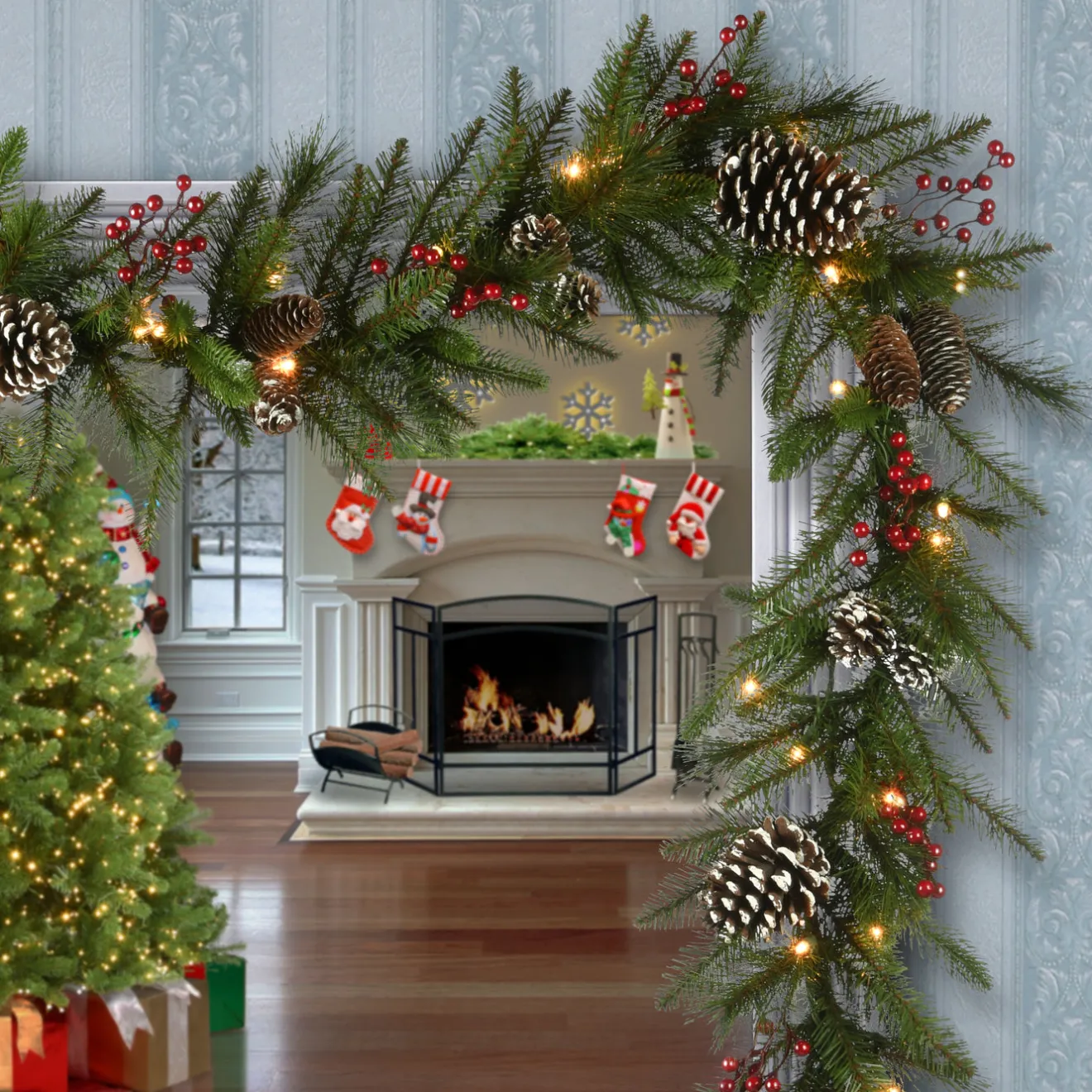 Sale 9 ft. Pre-Lit Bristle Berry Pine Garland with LED Lights Pre-Lit Christmas Garlands|7-10 Feet Christmas Garlands