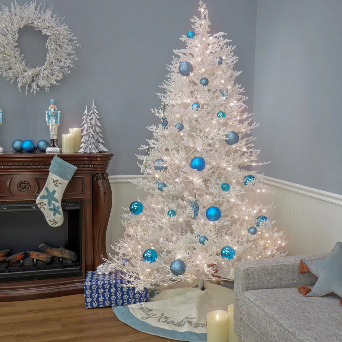 New 9 ft. Pre-Lit Christmas by the Sea Coral Tree with Warm White LED Lights Pre-Lit|Full