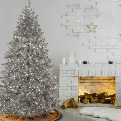 Hot 7.5 ft. Pre-Lit Christmas Matt Silver Metallic Tree Full|Pre-Lit