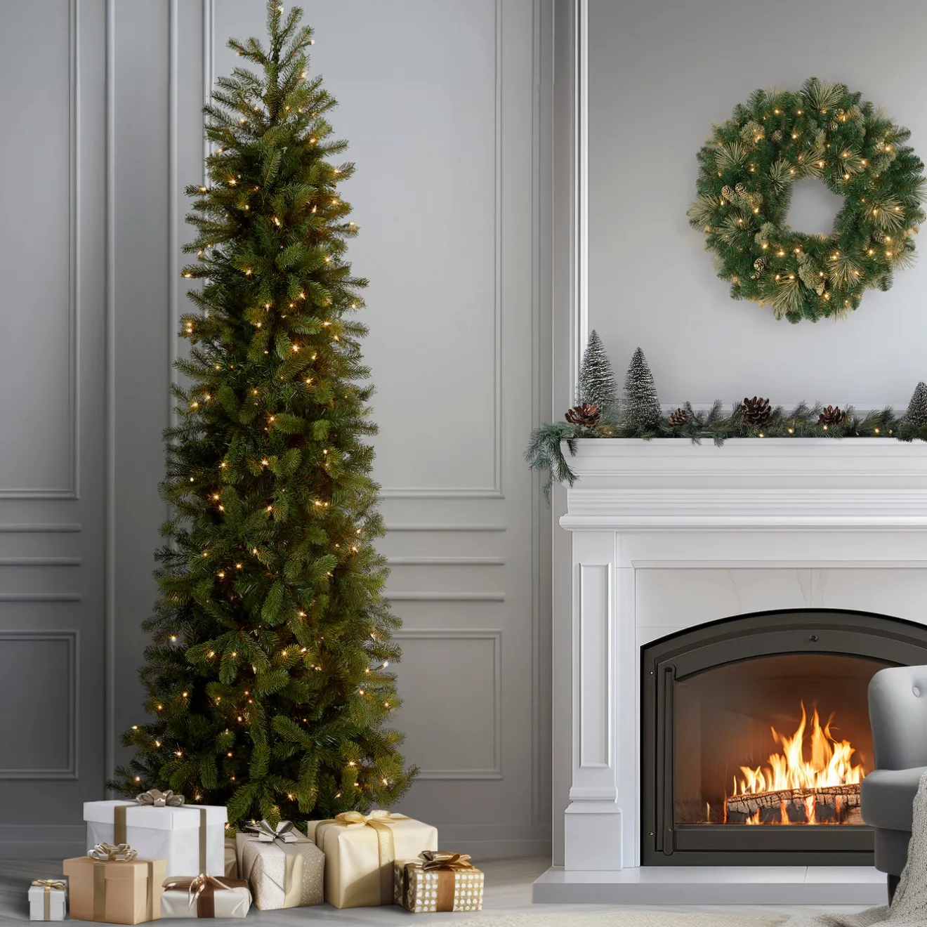Outlet 9 ft. Pre-Lit Downswept Douglas Fir Pencil Slim Tree with Clear Lights Pencil Slim|Pre-Lit