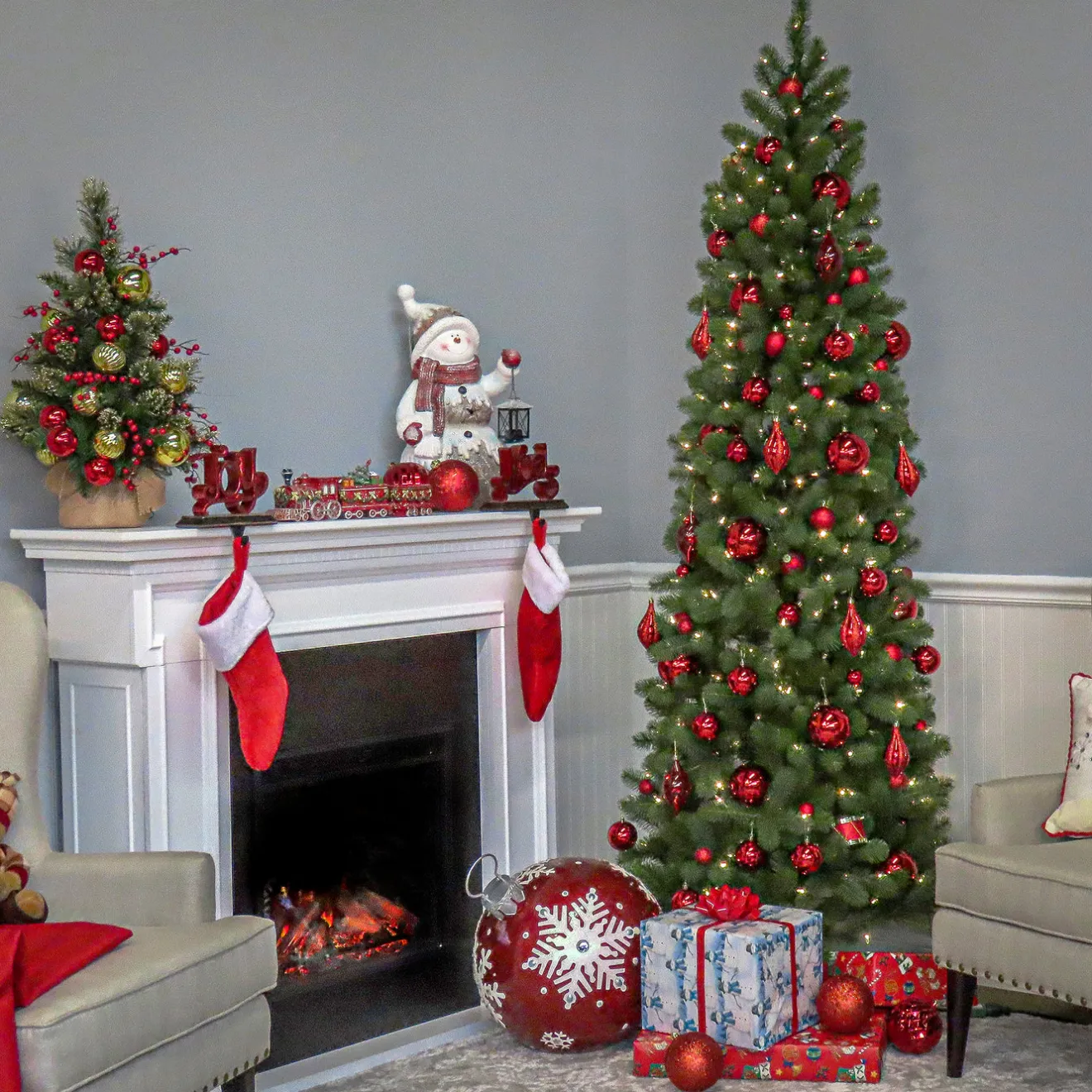 Outlet 9 ft. Pre-Lit Downswept Douglas Fir Pencil Slim Tree with Clear Lights Pencil Slim|Pre-Lit