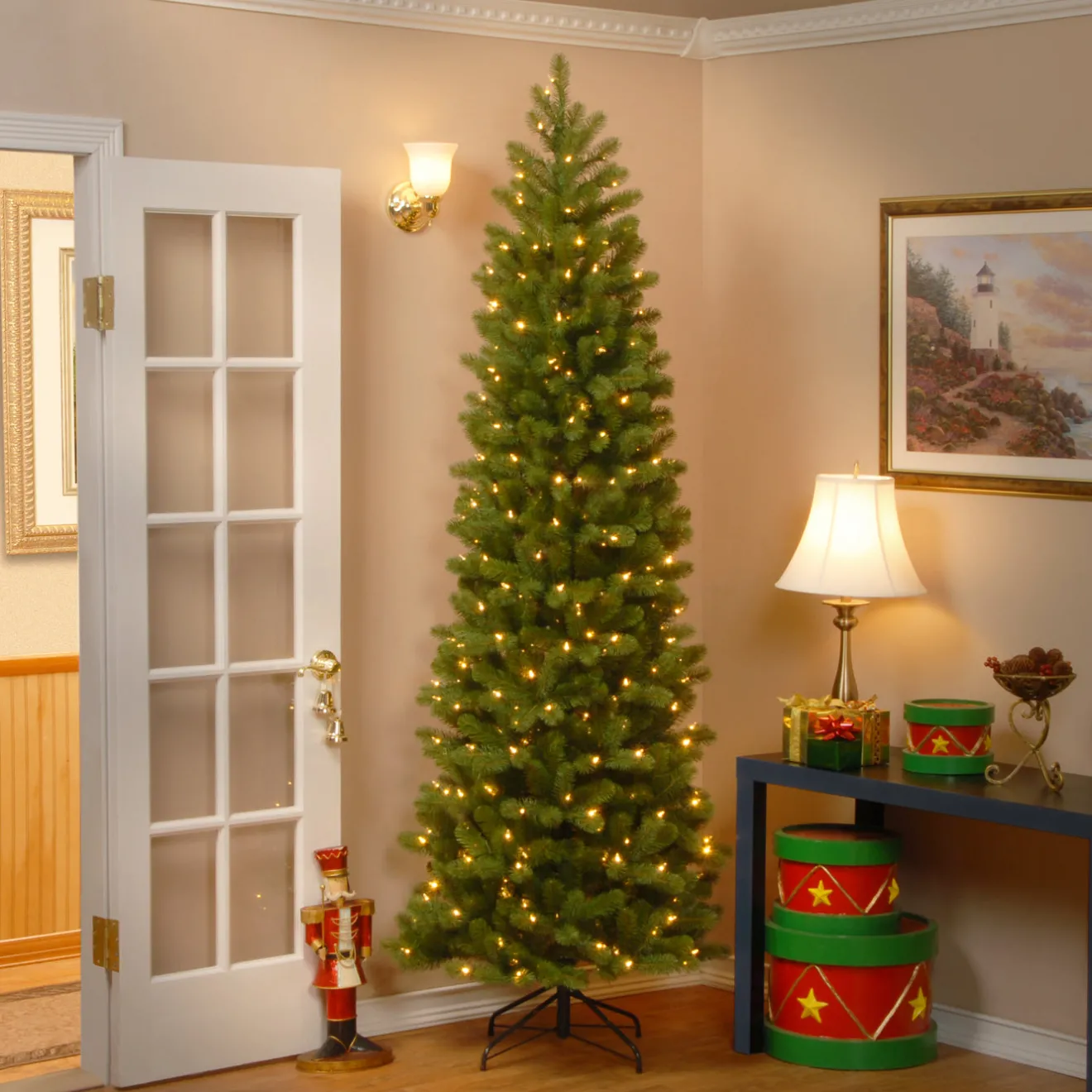 9 ft. Pre-Lit Downswept Douglas Fir Pencil Slim Tree with Dual Color LED Lights Pencil Slim|Pre-Lit