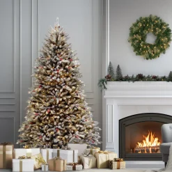 Sale 7.5 ft. Pre-Lit Dunhill Fir Flocked Tree with 750 Clear Lights Full|Pre-Lit
