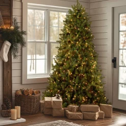 Hot 7.5 ft. Pre-Lit Dunhill Fir Hinged Tree with Clear Lights Full|Pre-Lit