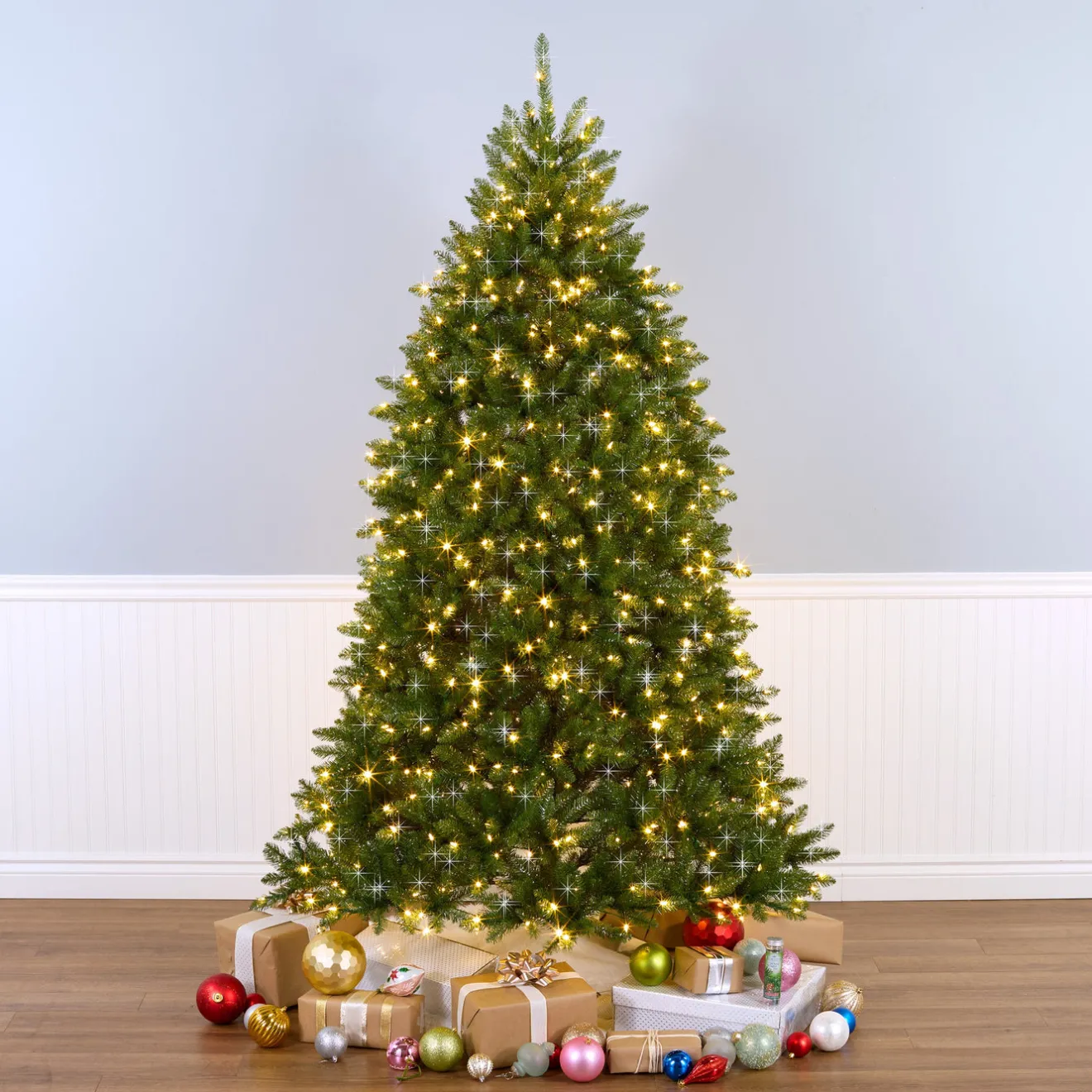 Sale 7.5 ft. Pre-Lit Dunhill Fir Shimmer Tree Silver Tinsel with Dual Color LED Lights Full|7 To 7.5 Feet