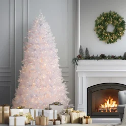 Online 6.5 ft. Pre-Lit Dunhill Fir White Tree with Clear Lights Full|Pre-Lit