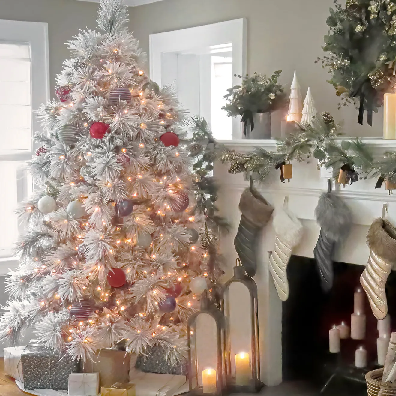 Online 7.5 ft. Pre-Lit Flocked Bavarian Pine Tree Pre-Lit|Full