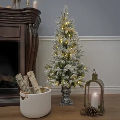 Hot 4 ft. Pre-Lit Frosted Colonial Fir Tree with Warm White LED Lights Slim|Pre-Lit
