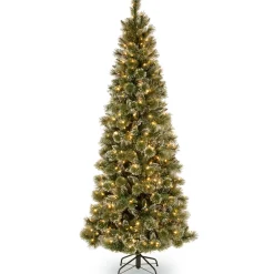 6.5 ft. Pre-Lit Glittery Bristle Pine Slim Tree with Warm White LED Lights Slim|Pre-Lit