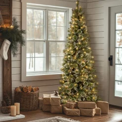 Clearance 7.5 ft. Pre-Lit Glittery Bristle Slim Tree with LED Lights Slim|Pre-Lit