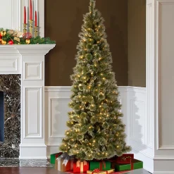 Clearance 7.5 ft. Pre-Lit Glittery Bristle Slim Tree with LED Lights Slim|Pre-Lit