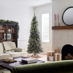 Clearance 7.5 ft. Pre-Lit Glittery Bristle Slim Tree with LED Lights Slim|Pre-Lit
