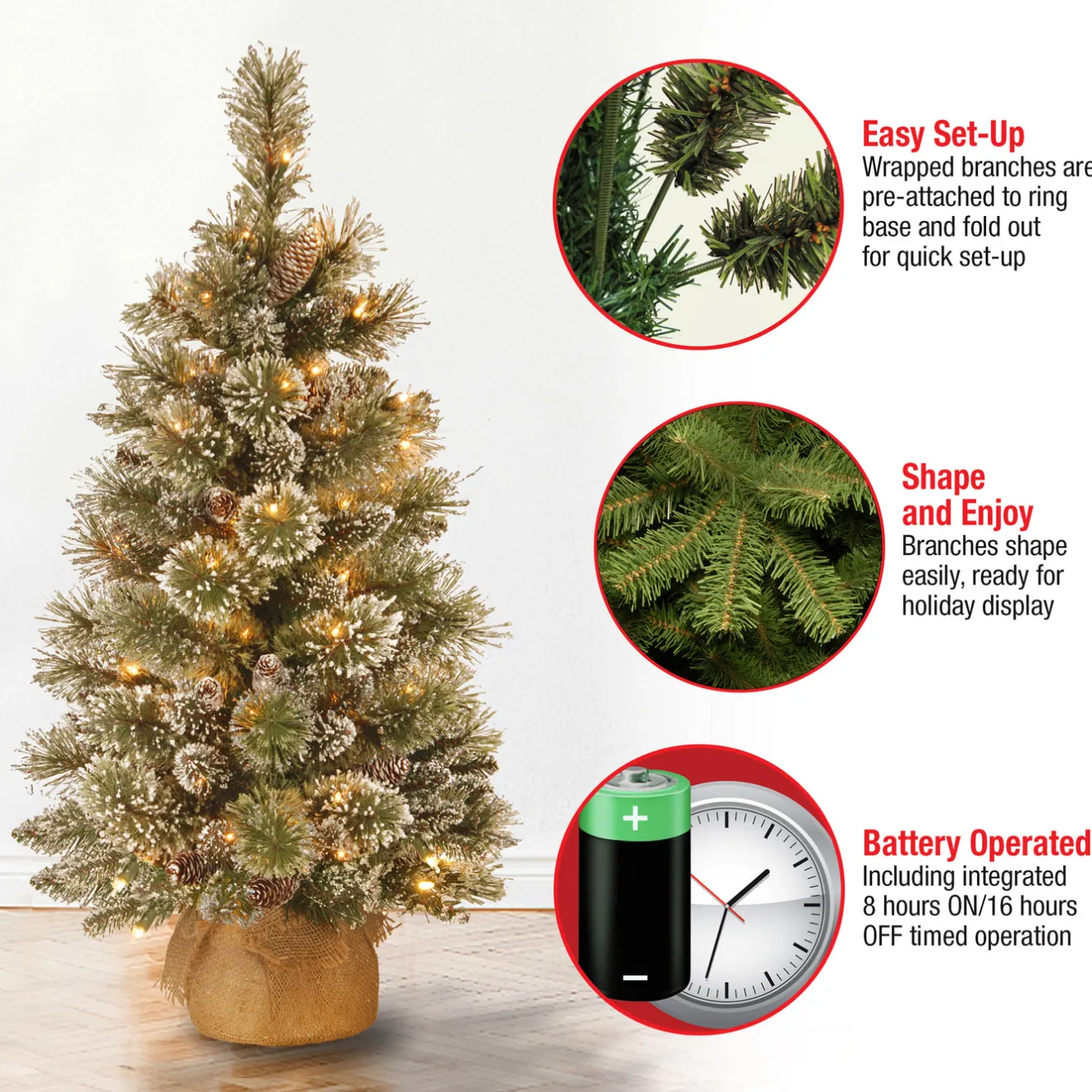 Clearance 3 ft. Pre-Lit Glittery Bristle Tree with LED Lights Tabletop|Pre-Lit