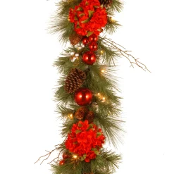 Discount 9 ft. Pre-Lit Hydrangea Pine Garland with Warm White LED Lights Pre-Lit Christmas Garlands|7-10 Feet Christmas Garlands