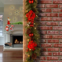 Discount 9 ft. Pre-Lit Hydrangea Pine Garland with Warm White LED Lights Pre-Lit Christmas Garlands|7-10 Feet Christmas Garlands