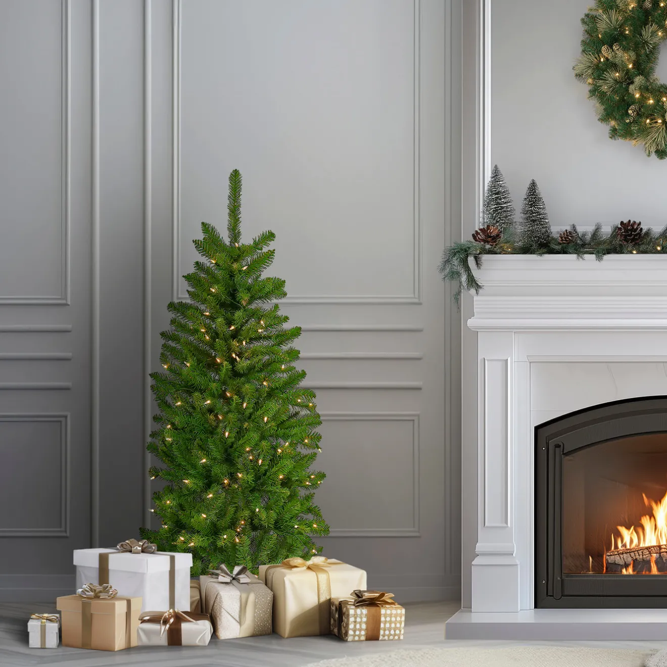 Hot 4.5 ft. Pre-Lit Kingswood Fir Pencil Tree with Clear Lights Pencil Slim|Pre-Lit