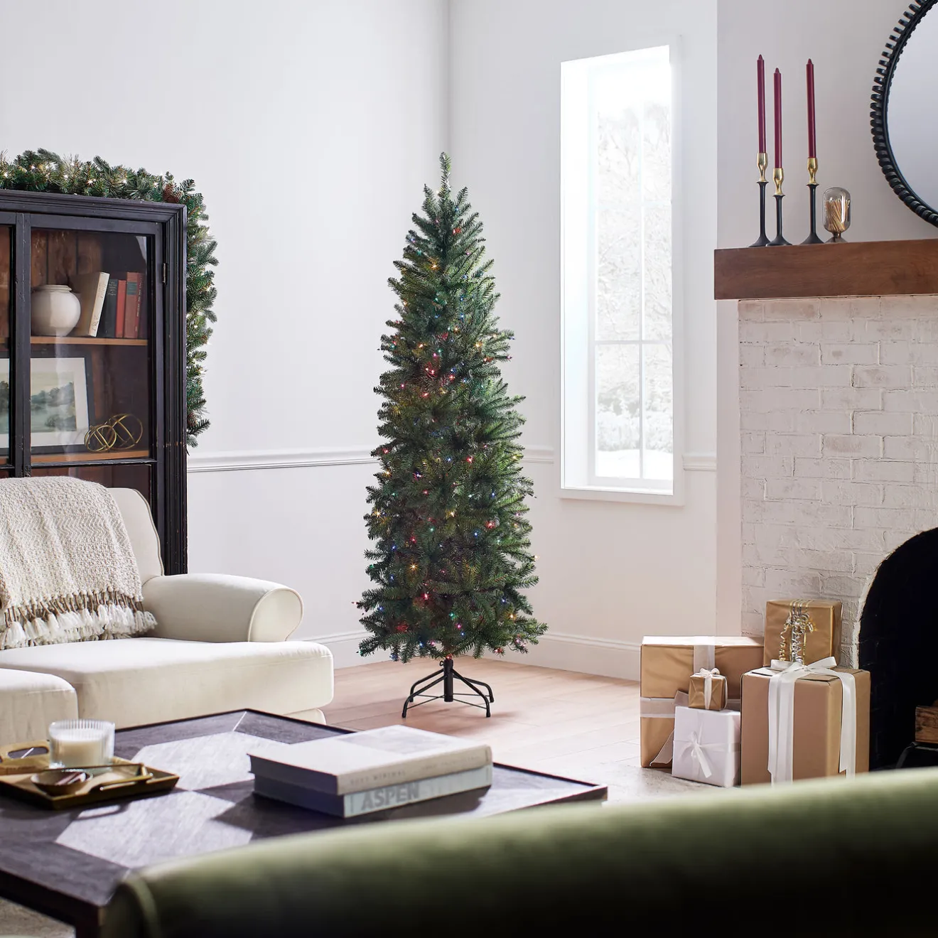 6.5 ft. Pre-Lit Kingswood Fir Pencil Tree with Multicolor Lights Pencil Slim|Pre-Lit