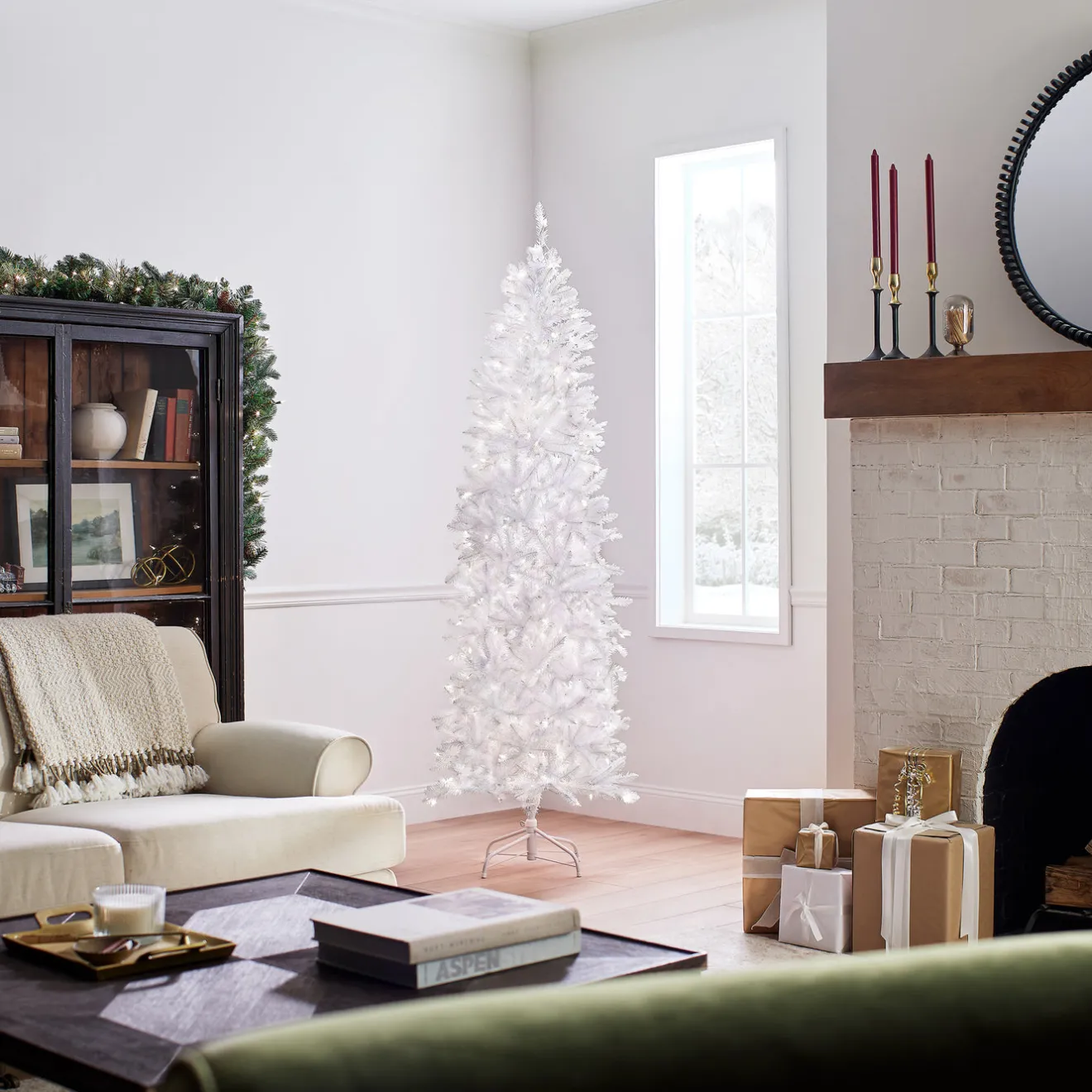 7 ft. Pre-Lit Kingswood Fir White Pencil Tree with Clear Lights Pencil Slim|Pre-Lit