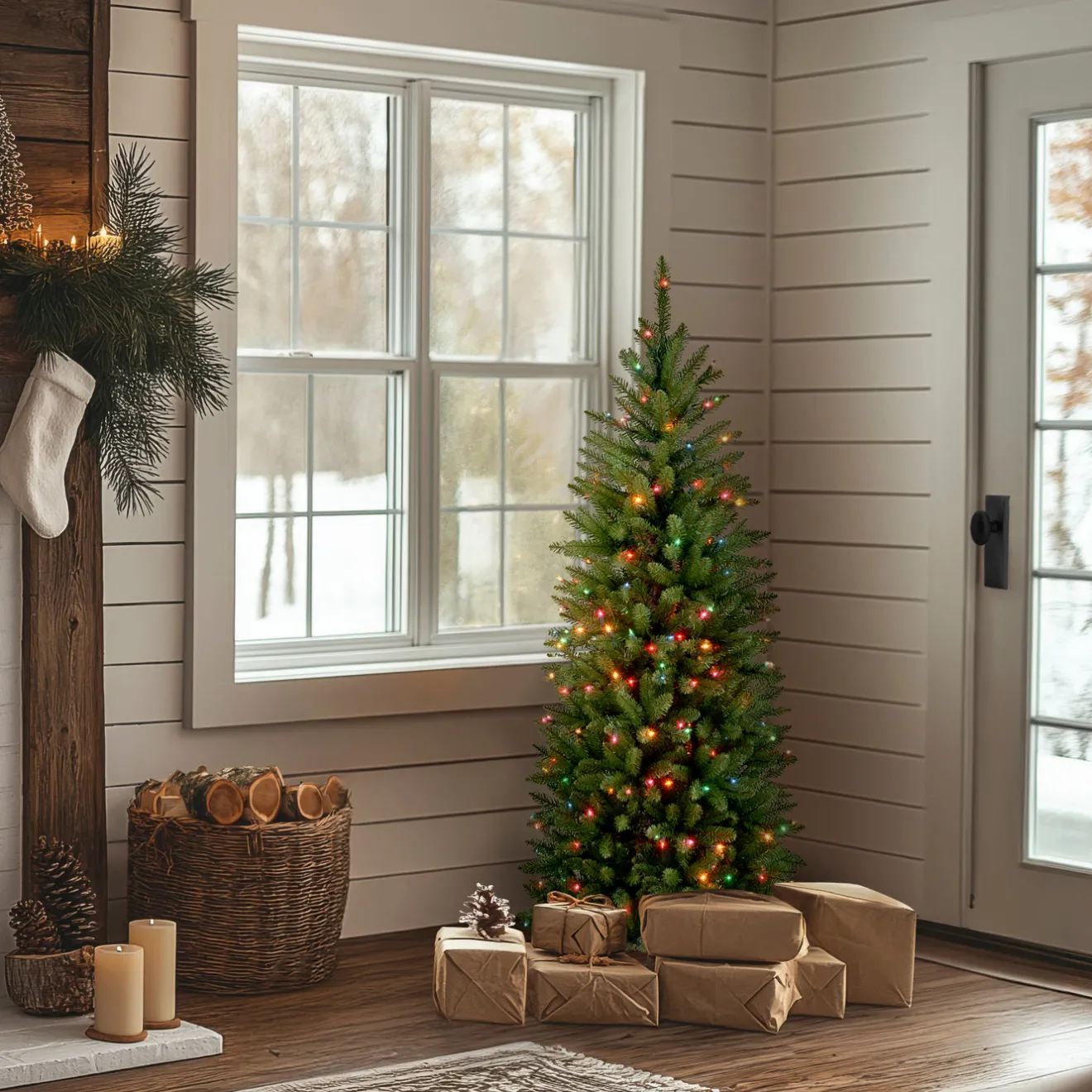 Online 4.5 ft. Pre-Lit Kingswood Fir Pencil Tree with Multicolor Lights Pencil Slim|Pre-Lit
